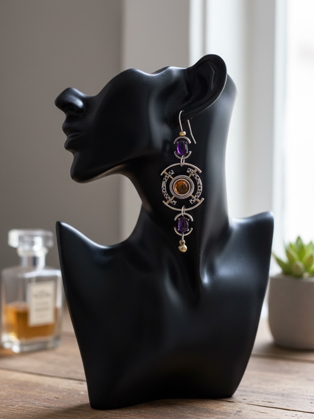 Handcrafted Purple and Gold Dangle Earrings 🆕